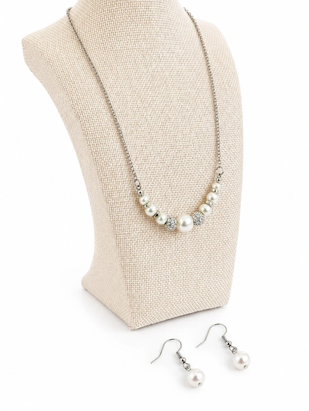 Silver Tone Faux Pearl Rhinestone Necklace & Earrings Set Wedding Bridal Gift